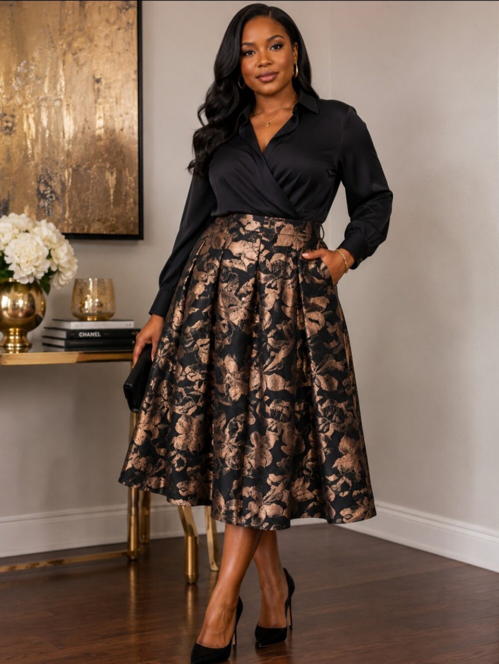 🔥JustFab Black A-Line Skirt with Rose Gold Floral Jacquard, Size L